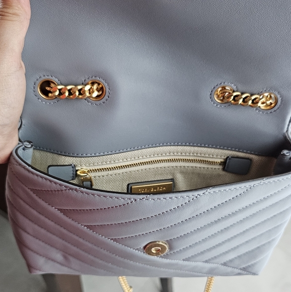 Tory Burch Kira Chevron Small Leather Shoulder Bag Rainwater Blue - Picture 3 of 16